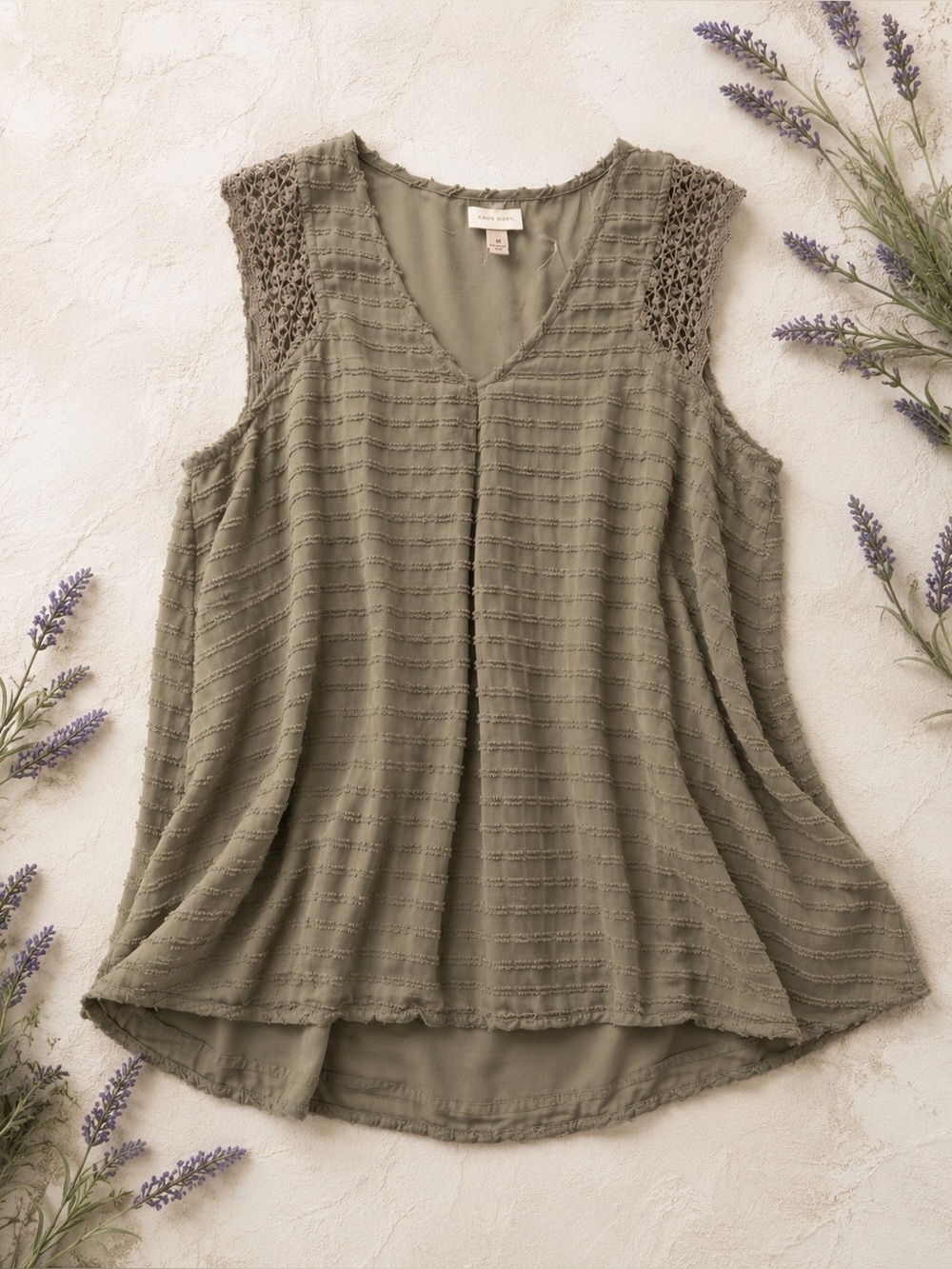 Knox Rose Textured Lace Shoulder Tank | Boho Flowy Blouse | Olive Taupe | M